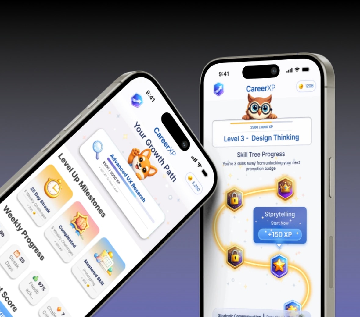 Two CareerXP phone mockups: Your Growth Path with a magnifying glass over Advanced UX Research and Level Up Milestones, beside the main dashboard showing Level 3 – Design Thinking skill tree progress with a Storytelling +150 XP prompt.