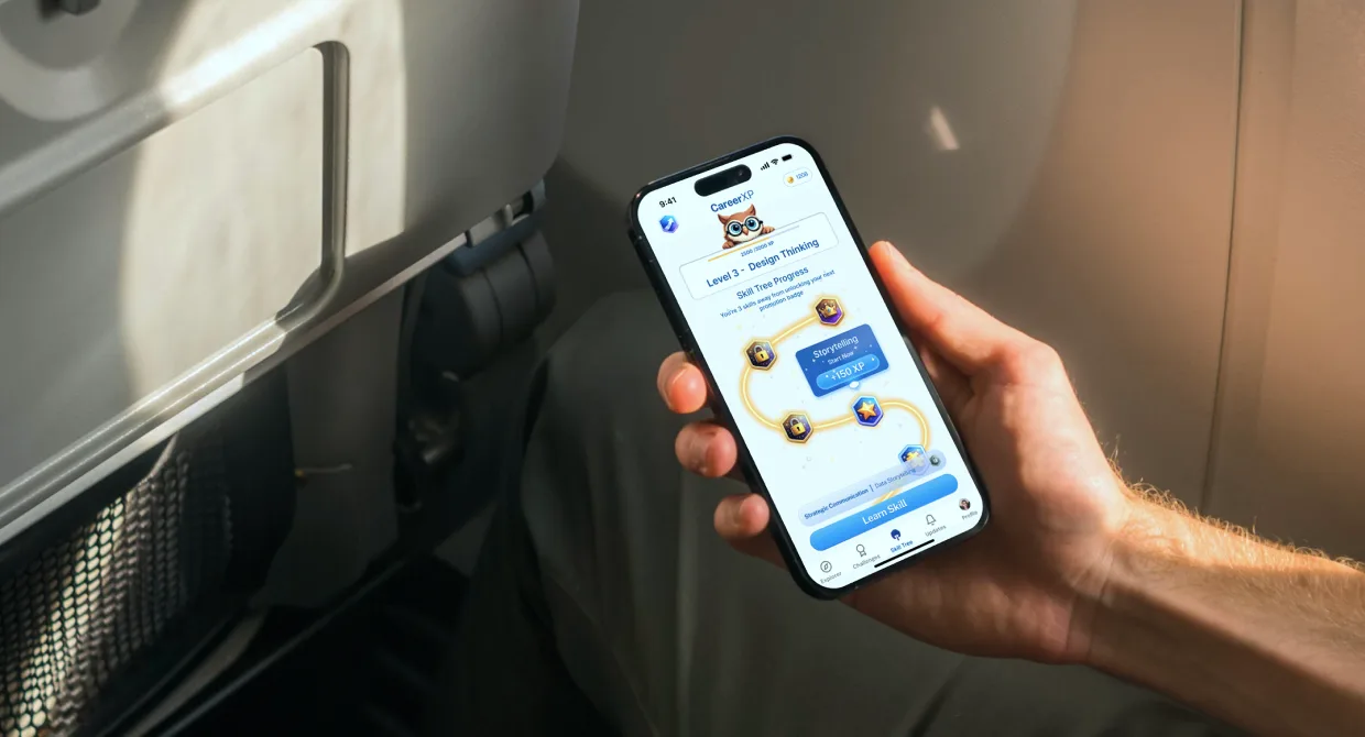 A hand holding a phone showing the CareerXP app: Level 3 – Design Thinking, a skill tree with a Storytelling skill highlighted and +150 XP to unlock it.