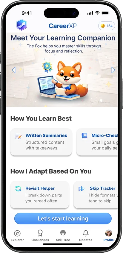 Meet Your Learning Companion screen: a fox mascot introduces itself, with How You Learn Best cards (Written Summaries, Micro-Checks) and How I Adapt Based On You cards (Revisit Helper, Skip Tracker).