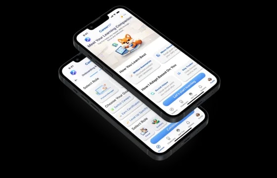Two phone screens: Meet Your Learning Companion, introducing an adaptive mascot and how it learns and adapts based on the user, behind an onboarding screen for selecting a role and goals.