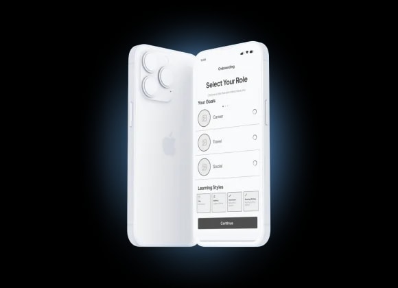 Low-fidelity black-and-white wireframe of the onboarding flow: Select Your Role, goal picker (Career, Travel, Social), and a Learning Styles step, shown floating beside a blank phone shell.