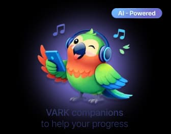 A parrot mascot wearing headphones and holding a phone, captioned VARK companions to help your progress, with an AI-Powered badge.