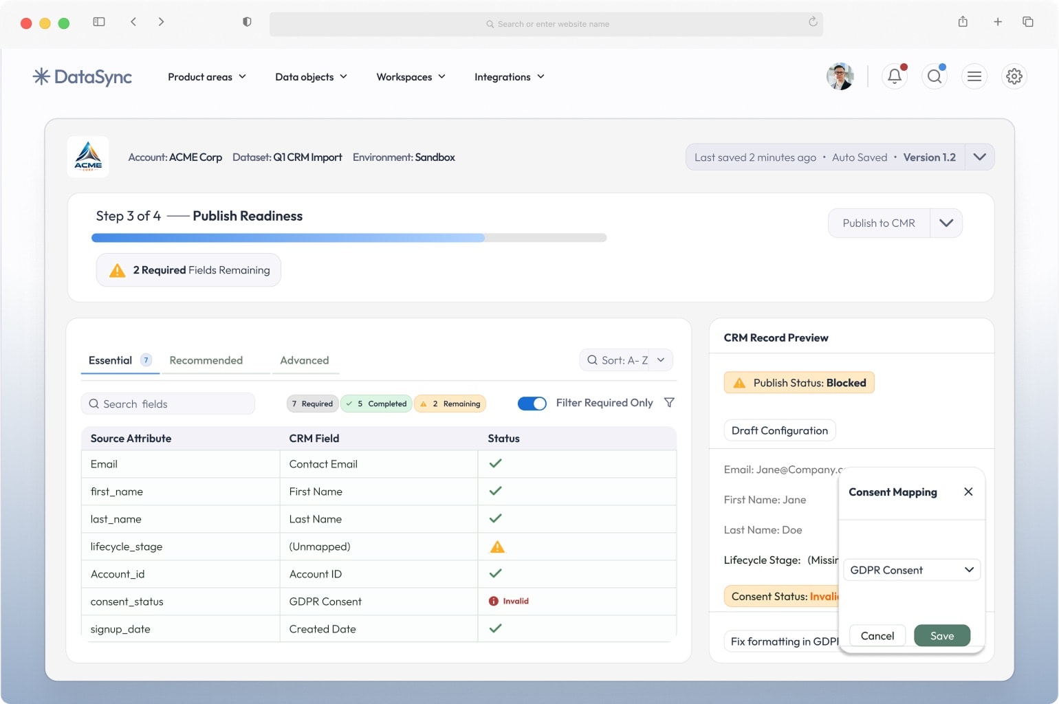 Essential Mapping Mode: Essential, Recommended and Advanced tabs with seven required fields — five complete, two remaining — beside a CRM record preview.