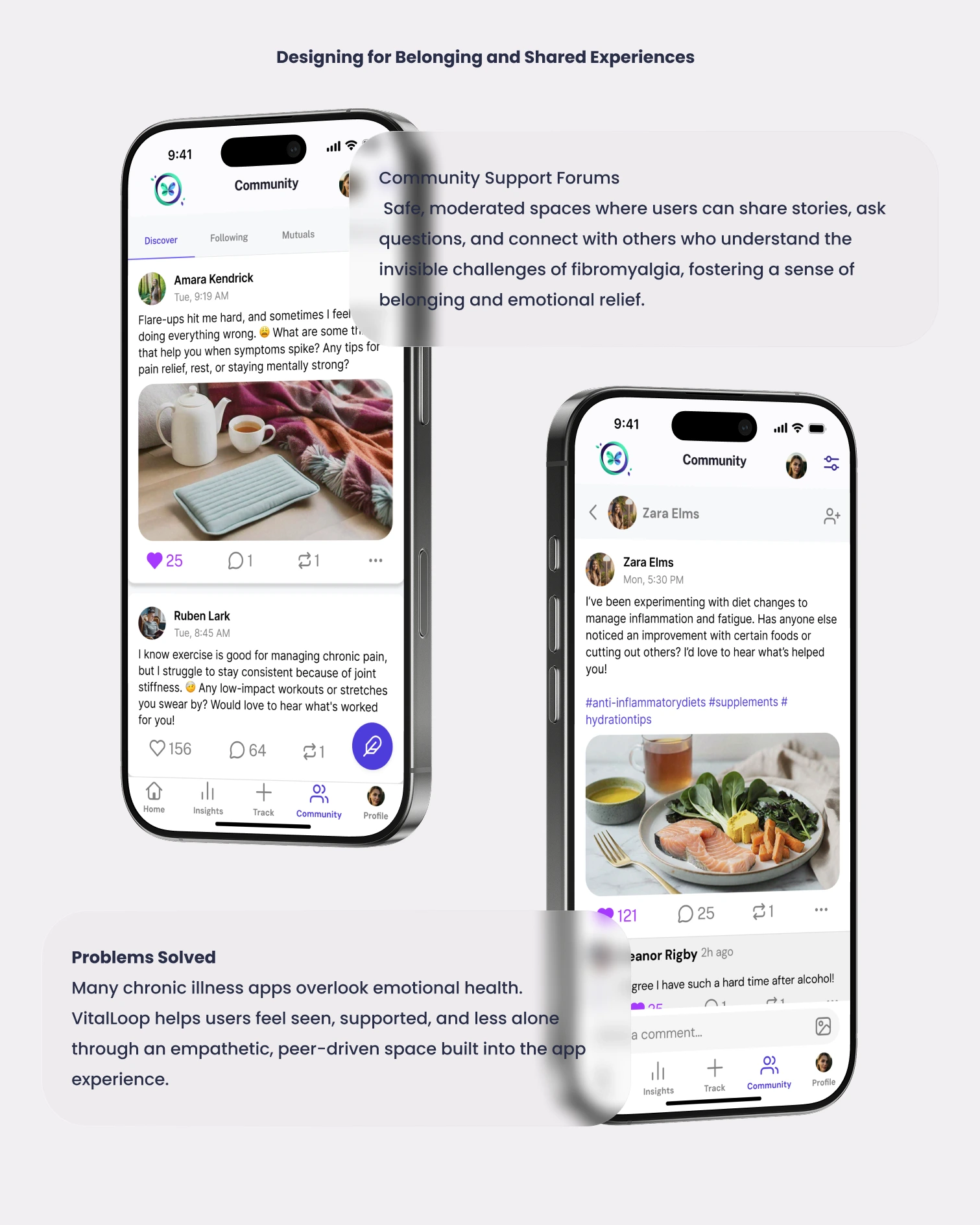 Designing for Belonging and Shared Experiences: two phones showing the VitalLoop Community feed — Amara Kendrick and Ruben Lark discussing flare-up relief, and Zara Elms sharing an anti-inflammatory diet post — next to a Community Support Forums card and a Problems Solved paragraph.