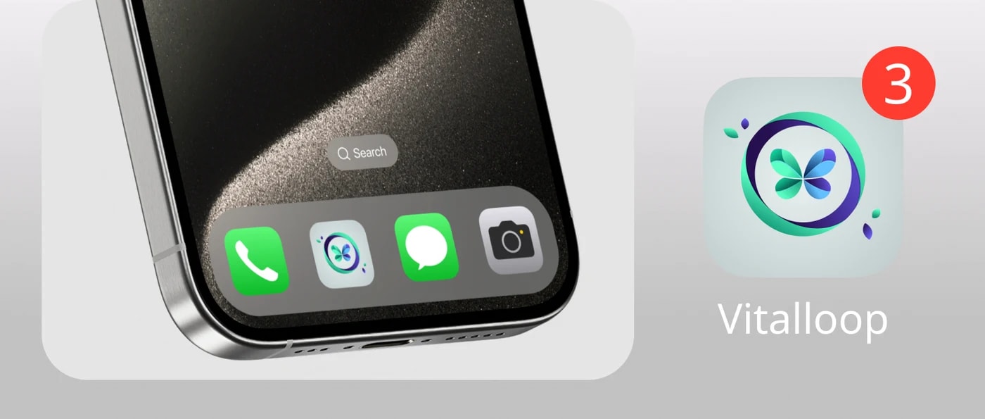A close-up of an iPhone home screen with the VitalLoop app icon added next to Phone, Messages, and Camera, beside the VitalLoop app icon with a 3-notification badge and the Vitalloop wordmark.