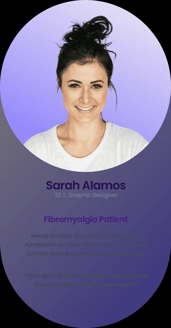 Sarah Alamos, 32, Graphic Designer, Fibromyalgia Patient. Needs an easy way to track fluctuating symptoms and feel emotionally supported; current apps feel cold and overwhelming. Quote: “I just want to feel understood—and to have tools that don't feel like more work.”