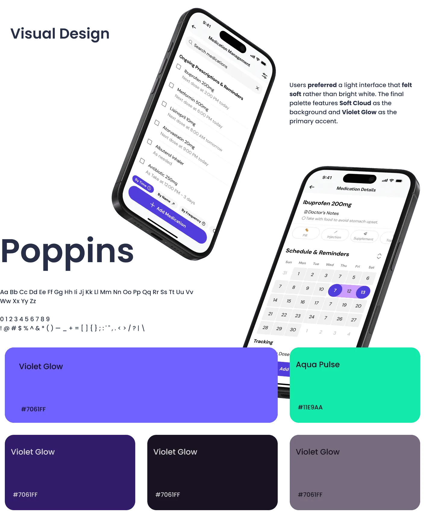 Visual Design panel: two phone mockups (Medication Management list and Medication Details with a calendar), the Poppins typeface specimen, and the Violet Glow and Aqua Pulse color swatches.