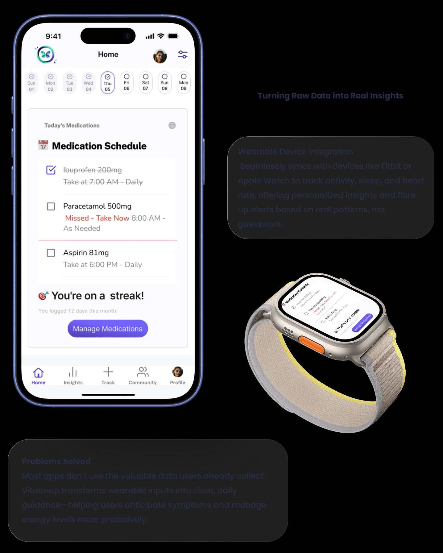 An iPhone showing a medication schedule and streak card next to an Apple Watch Ultra displaying the same medication schedule, captioned Turning Raw Data into Real Insights and Wearable Device Integration.