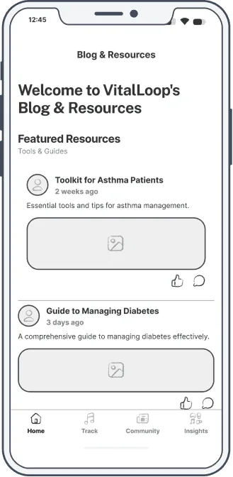 Wireframe of the Blog & Resources screen: Featured Resources list including Toolkit for Asthma Patients and Guide to Managing Diabetes.