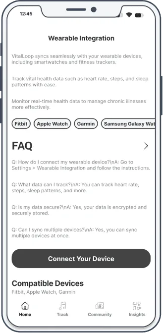 Wireframe of a Wearable Integration detail screen: device syncing copy, Fitbit / Apple Watch / Garmin / Samsung Galaxy Watch chips, an FAQ accordion, and a Connect Your Device button.