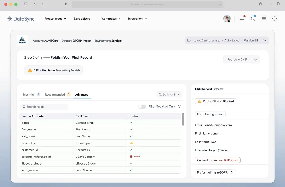 Walkthrough of the redesigned mapping flow: the Advanced tab with mapped source attributes, publish status blocked by one invalid field, and the inline fix.